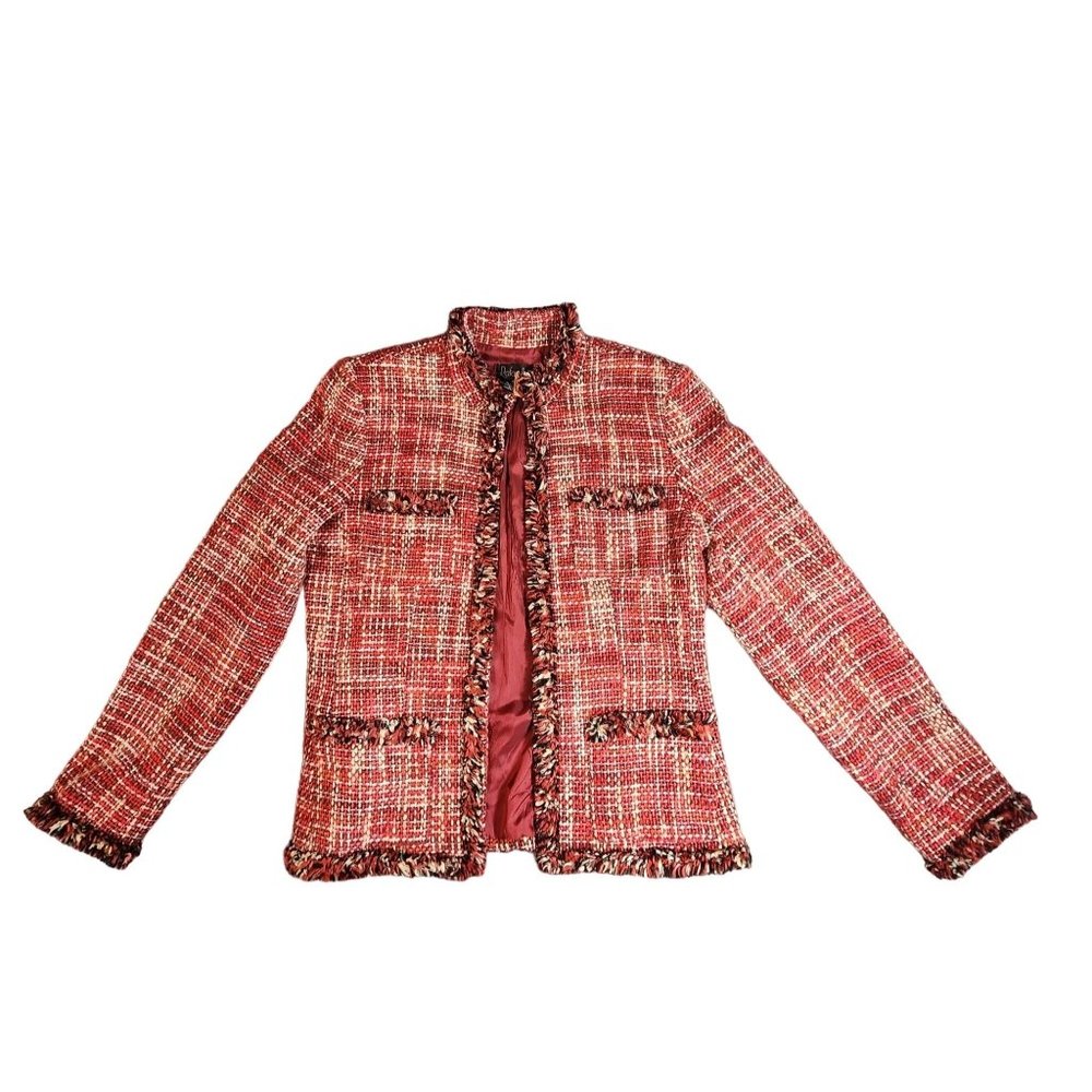 Rafella Womens Woven Jacket Red White Raw Hems Womens Size 10 Acrylic Wool Blend
